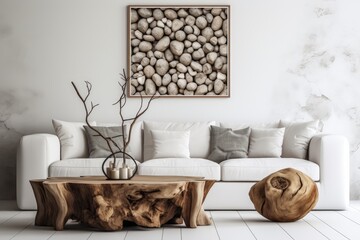a room with fram hanging up,home interior design of modern living, white interior, generative ai
