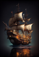 Photorealistic pirate schooner or sailing ship in 16th-17th century style. AI generative. - obrazy, fototapety, plakaty