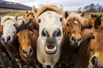 Playful Horse Photobombing - Whimsical Equine Moment Captured Amongst Friends - Animal Humor Photography - Generative AI - obrazy, fototapety, plakaty