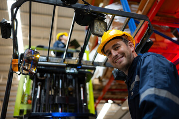 Warehouse workers using forklift to check and counting in a large warehouse. This is a large paper...