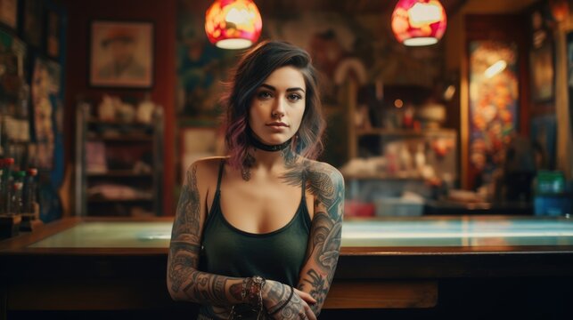 Young attractive female tattoo artist in a tattoo parlor.