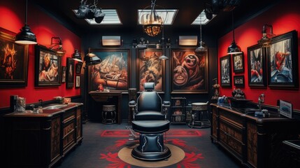 Modern and creative tattoo parlor with a chair. Brutal interior design