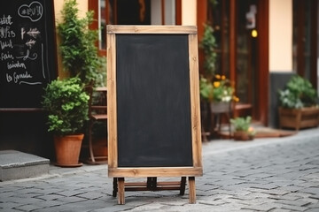Mockup, advertising billboard near a cozy European restaurant or cafe. Cafe menu or pointer board for writing information to guests. AI generated.