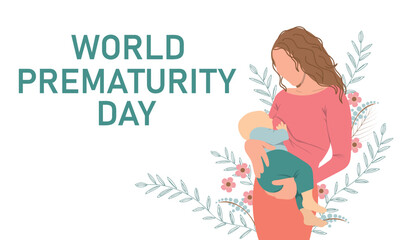 World prematurity day. Flat vector illustration. Mother with child