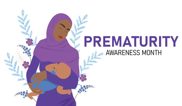 Muslim woman breastfeeds a baby. Prematurity awareness month is observed every year in November. Flat vector illustration. 