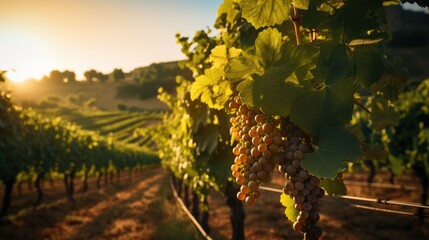 Close-up of grapes, vineyard against the background in the light of the sun