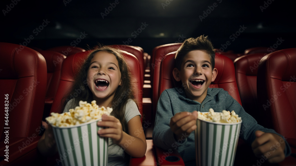 Canvas Prints children with popcorn watching movie. generative ai