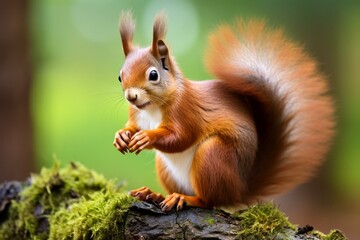 Naklejka na ściany i meble Red squirrel eating a hazelnut with its tail up and isolated on a white background. Generative AI