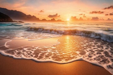 A serene beach at dawn, with the sun rising over the calm ocean, casting a warm and colorful glow on the water and sand. 