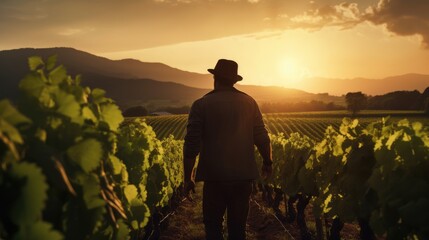 Vineyard at sunset in sunlight and the silhouette of a man. Winemaking