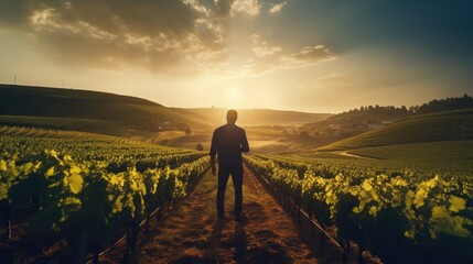 Vineyard at sunset in sunlight and the silhouette of a man. Winemaking