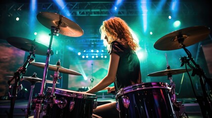 Beautiful young girl musician playing on drums. Live music at a concert