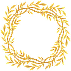 Gold branch with foliage frame. Wreath illustration.