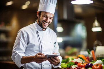 Chef using tablet computer in the kitchen at restaurant. Cooking concept.