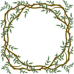 Brown branch with green foliage frame. Wreath illustration.