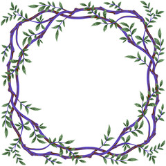 Blue branch with green foliage frame. Wreath illustration.
