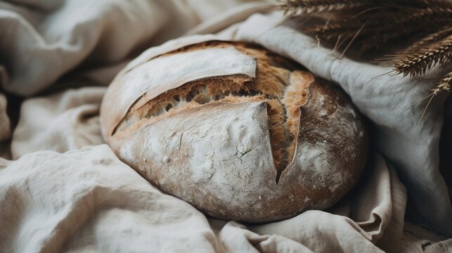 Generative AI, freshly baked bread or bakery at the home kitchen, ecologically natural pastries, linen table wear and wheat