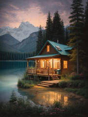 A cozy cabin is lit up by the light of the evening, surrounded by a lake and tall pines. The mountains in the background are majestic.