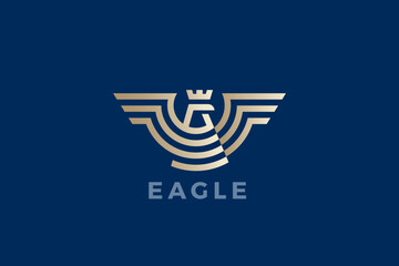 Eagle Logo Wings Geometric Heraldic Luxury Design Vector template. Falcon Hawk Bird with Crown Linear Outline Golden Logotype icon.