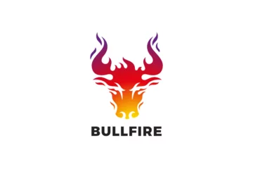 Foto op Plexiglas Bull Logo Fire Flaming Design vector Steak House template. Taurus Ox Bizon Hell Inferno Logotype concept idea. © sellingpix