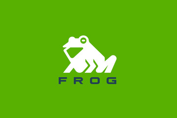 Frog Logo sitting Silhouette Vector design template Geometric style. Toad Smiling Logotype concept icon.