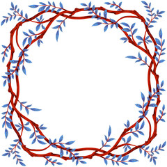 Red branch with blue foliage frame. Wreath illustration.