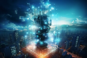 Tower with 4G, 5G antennae on technology backdrop depicting transmission speed. Generative AI