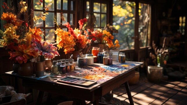artist's easel in the studio, set among the autumn foliage.. Brushes and a palette lie on a wooden table, inviting you to create among the masterpieces of nature.