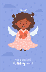 Little Christmas angel ethnic black girl with heart. vertical postcard in cartoon style. Vector illustration. Cute new year kids collection, holiday design, decor