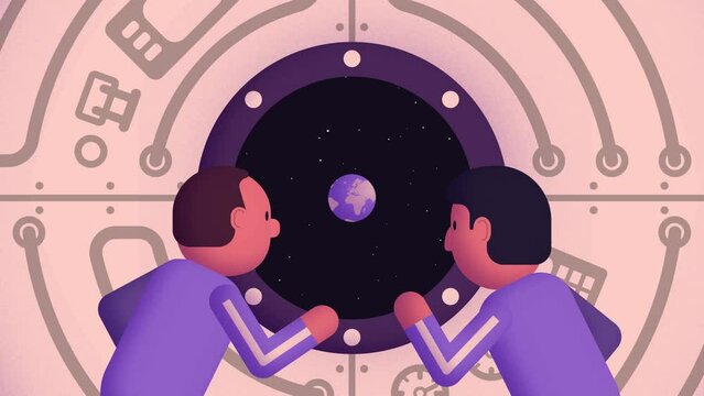 Astronauts look out the porthole of the spaceship at the receding earth. Astronauts fly into outer space. 2D animation in a simple cartoon style.