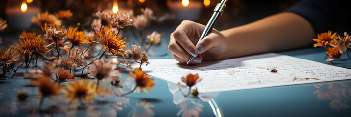 Romantic background of beautiful lady hand with a pen writing a letter on white color paper with flowers around - obrazy, fototapety, plakaty