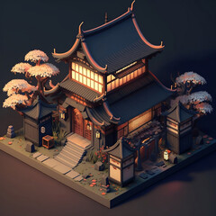 Fototapeta na wymiar Isometric Japanese traditional house. Ancient samurai house. Generative AI.