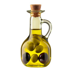 Glass bottle of olive oil with olives Isolated on white background 