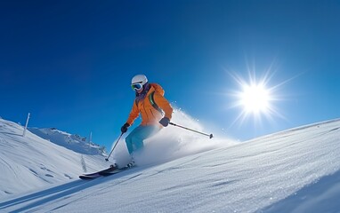 A skier is skiing in the bright sun and blue sky. AI, Generative AI