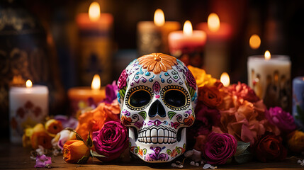 Mexican Day of the Dead (dia de los muertos): traditional altar with sugar skull, flowers and lit candles