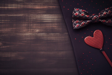 Red bow tie and heart on dark wooden background.  - Powered by Adobe