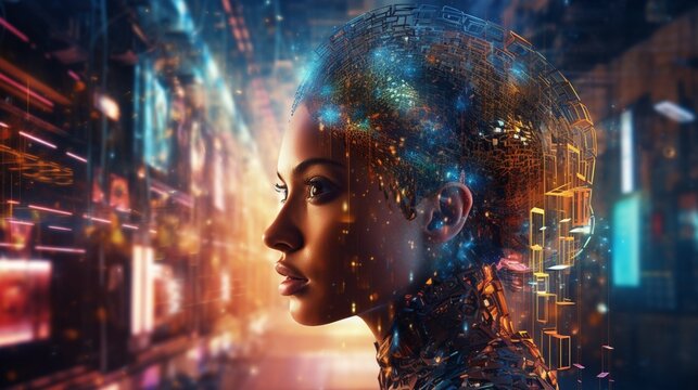 Artificial intelligence, dotted particle array-based abstract art, and a vector-based digital visual interface. The soul of the digital age is technology - Powered by Adobe