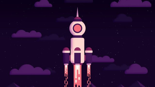 Spaceship launches from the earth into space against the backdrop of a mountain landscape - cartoon 2D animation in a modern style.