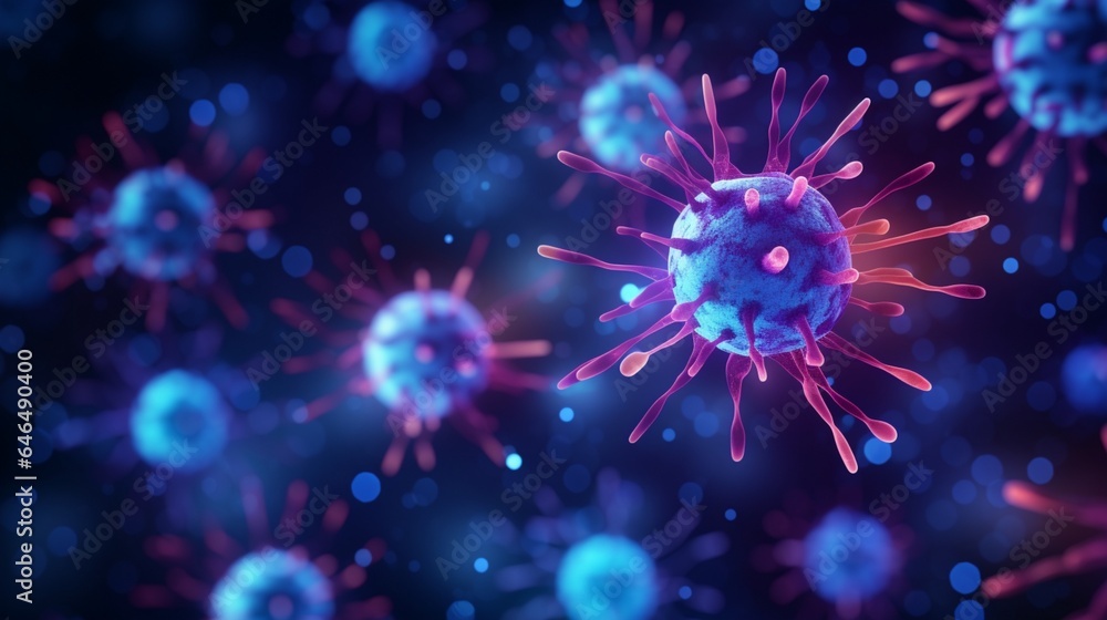 Poster bacilli bacteria and flu virus cells under a microscope are displayed on a futuristic glowing low po