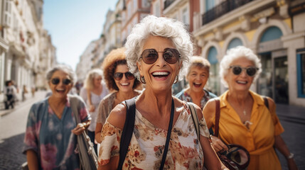 Happy 70 years old female multi-racial group walking with travel bag in the street of an european city. Senior people and mature travel. - obrazy, fototapety, plakaty