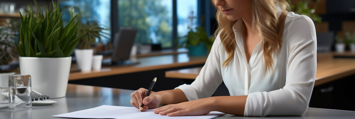 A cute office staff lady wearing white top thinking and signing a letter with pen in right hand on a white color paper 