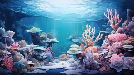 Poster Underwater sea world. Ecosystem. Bright multi-colored corals on the ocean floor © brillianata