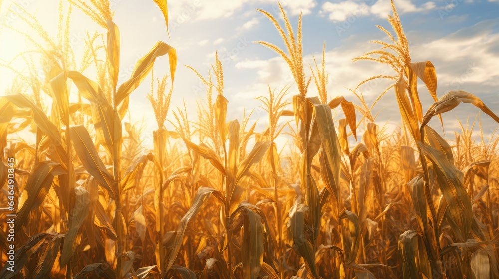 Wall mural Corn field in sunlight. Agriculture and corn growing.