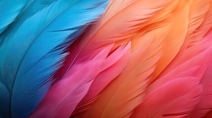 Texture background with feather surface of bright different colors in soft diffused light. Macro background of feathers, close-up. 