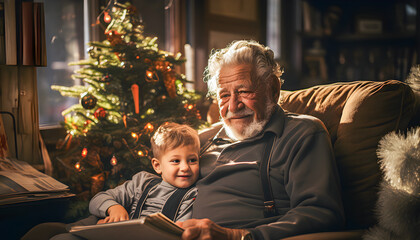 Grandfather with his grandson reading a story in the living room of a house. Christmas tree and Christmas decorations in the background. Family together on Christmas vacations. - obrazy, fototapety, plakaty