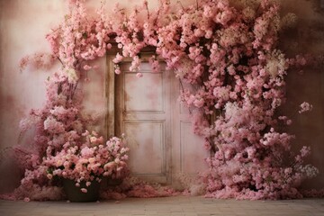 A backdrop adorned with beautiful pink flowers. Generative AI