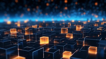 Obraz premium Background graphic for blockchain technology that is abstract, abstract technology, concepts of cryptocurrency blockchain, and augmented reality and virtual reality. Infinite pixels block structure