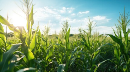 Obraz premium Corn field in sunlight. Agriculture and corn growing.