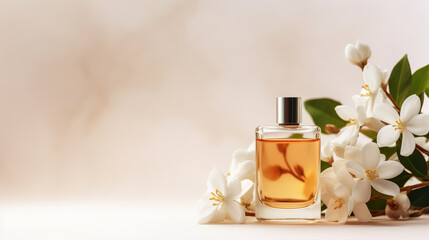 Bottle of perfume with flowers on beige background, copy space