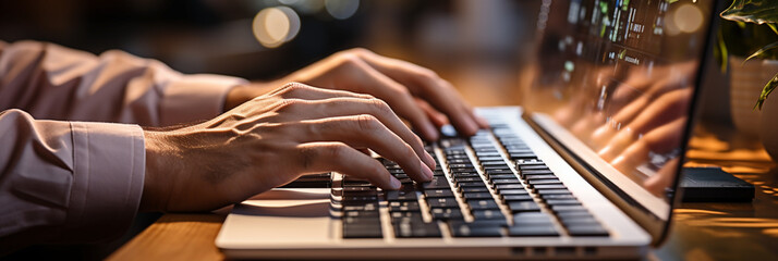 Horizontal background photo of a man hands with long sleeves shirt typing on a laptop keyboard  